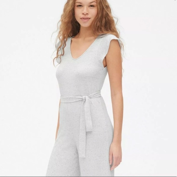 GAP Jumpsuit Grey Softspun Flutter Sleeve Tie Belt Wide Leg - Picture 2 of 6